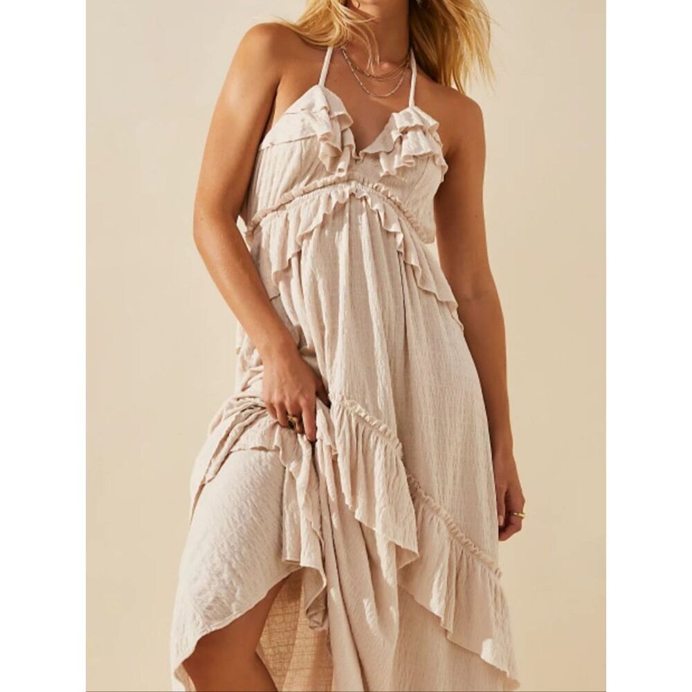 Whimsical Beige Khaki Princess Bohemian Tie-Back Maxi Dress Size XL